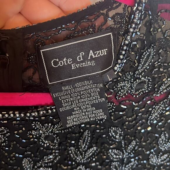 Cote D' Azur Evening Vintage Womens Beaded 100% Silk Sheer Blouse Large Black - Picture 2 of 10